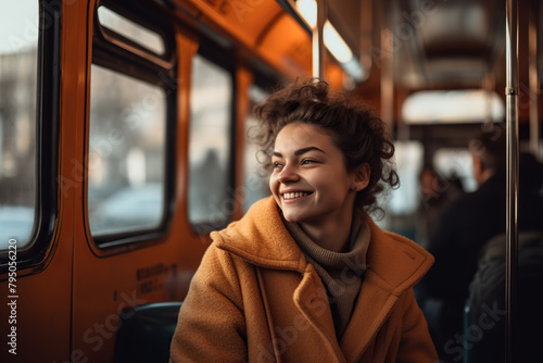Happy person enjoys spacious tram ride
