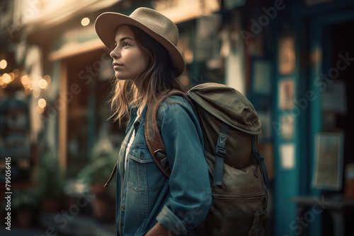 Cute Girl Tourist Backpacker In Hat Wearing Casual On A City Street