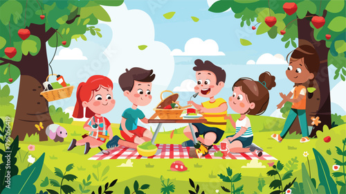 Group of children having picnic on summer day Vector