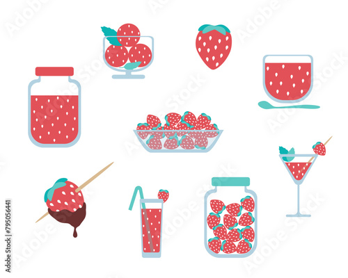 Set of strawberry ice cream, jam, marmalade. Strawberries in chocolate, Juice from juicy red berries, cocktail. Vector illustration of summer food isolated on white background in flat style