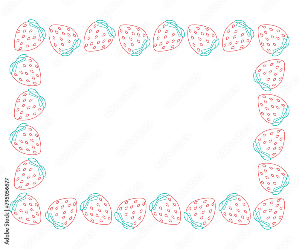 Square strawberry frame. Summer vector berry food illustration isolated on white background in outline style. Design of menus and invitations. Place for text Square strawberry frame. Summer vector berry food illustration isolated on white background in outline style. Design of menus and invitations. Place for text