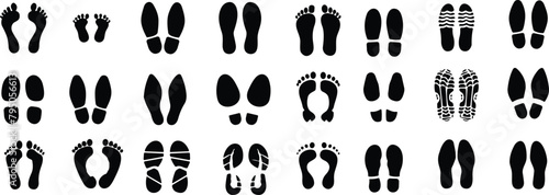 Footprints human silhouette vector set. Shoe sole print collection. Foot print tread, boots, sneakers. Impression icon barefoot Footsteps female, man and children. photo