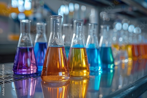 Test tubes with colorful liquids in a science laboratory