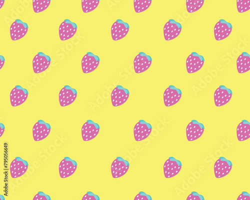 Seamless pattern with pink strawberries on a bright yellow background, hand drawn. Colorful tasty berries. Vector illustration for print and design in flat style. The concept of proper nutrition.