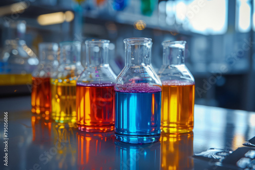 tubes and bottles with colorful liquids in a science laboratory