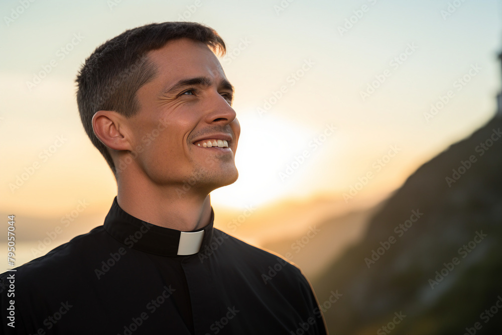 Generative AI picture of praying young priest looking up clear sly have faith believe in God happiness Generative AI picture of praying young priest looking up clear sly have faith believe in God happiness