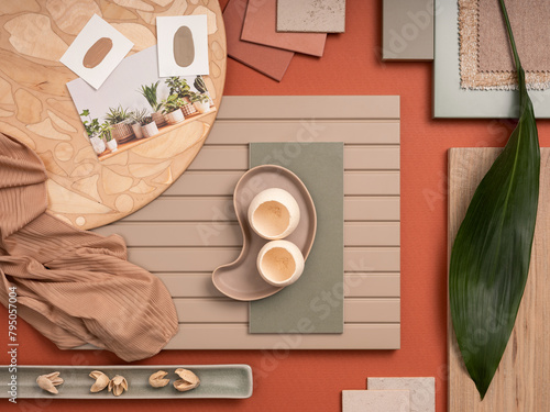 Creative flat lay composition with textile and paint samples, panels and cement tiles. Stylish interior designer moodboard. Orange, beige and green color palette. Copy space. Template.
