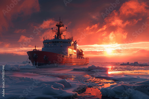 Icebreaker in the arctic waters at sunset