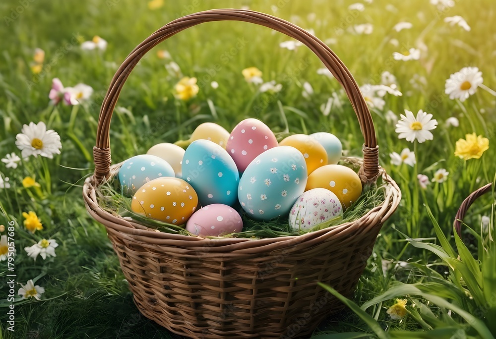 Generative AI illustration of basket with easter eggs, grass, flowers Generative AI illustration of basket with easter eggs, grass, flowers