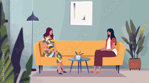 Two women sit on the couches and talk about something photo