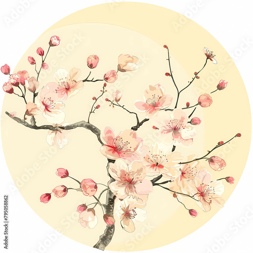 A sprig of lushly blooming sakura in delicate pastel colors on a round and white background, cherry blossom background