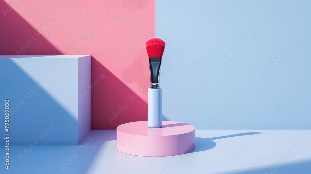 A makeup brush is elegantly displayed against a minimalist pink and blue backdrop A makeup brush is elegantly displayed against a minimalist pink and blue backdrop