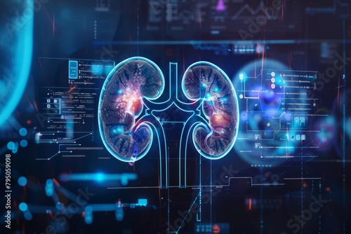 Digital illustration of human kidneys with futuristic interface