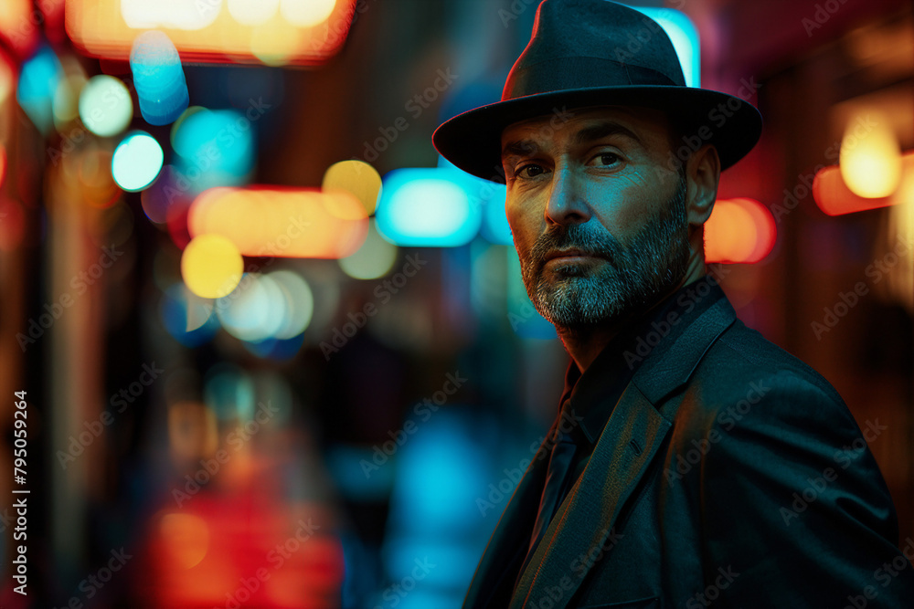 Generative AI image of mysterious man in trench coat and fedora standing under the rain at night Generative AI image of mysterious man in trench coat and fedora standing under the rain at night