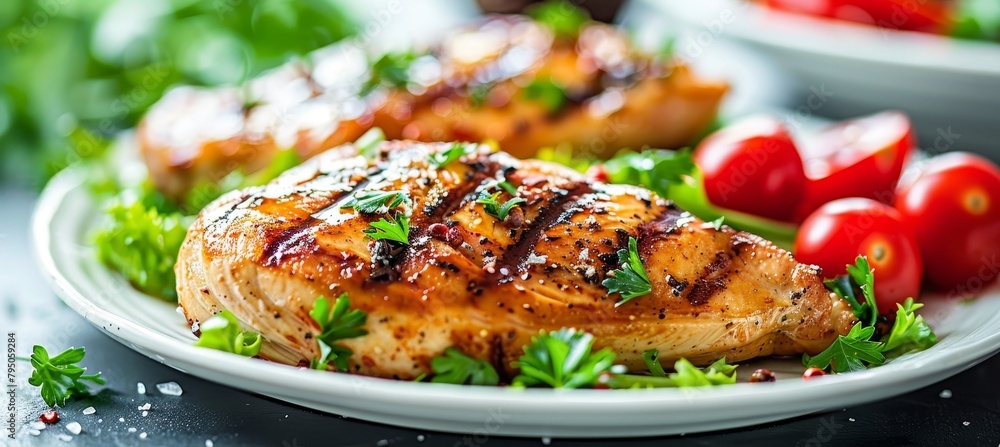 Grilled chicken breast paired with a colorful selection of freshly harvested garden vegetables Grilled chicken breast paired with a colorful selection of freshly harvested garden vegetables