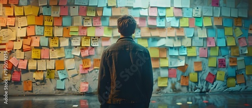 Businessman detective analyzing sticky notes on wall for clues and connections. Concept Investigation techniques, Detective work, Organized information, Solving mysteries, Analyzing evidence photo