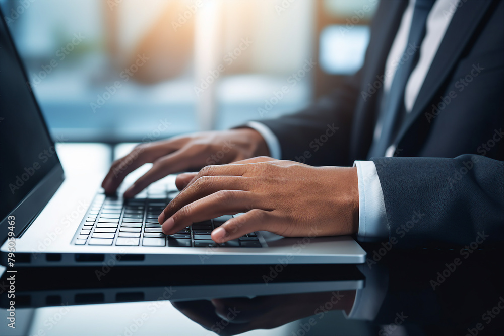 Generated with AI close up picture of man fingers typing on a laptop keyboard Generated with AI close up picture of man fingers typing on a laptop keyboard