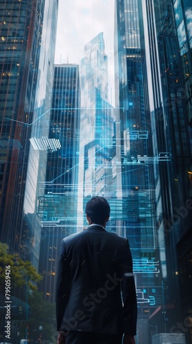 Businessman observing futuristic cityscape with digital overlays