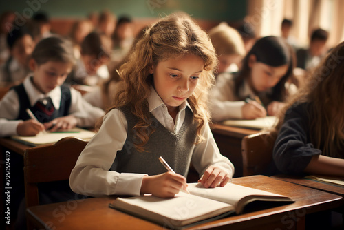 Generative AI photo of happy teenage children studying together