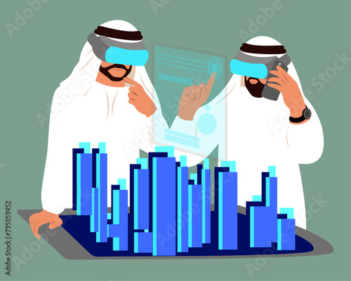 Arab Businessmen Wearing Modern Vr Glasses. Business people in virtual reality glasses modeling 3d future building. Virtual Reality Headset Concept. Vector illustration