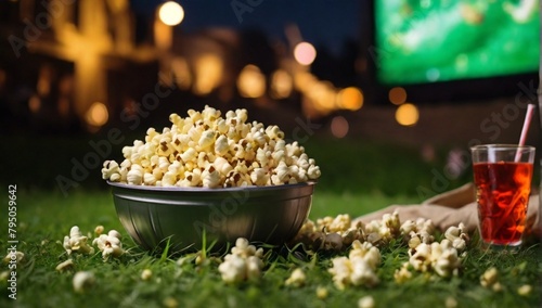Popcorn and drink on green grass in open air cinema. Space for text 