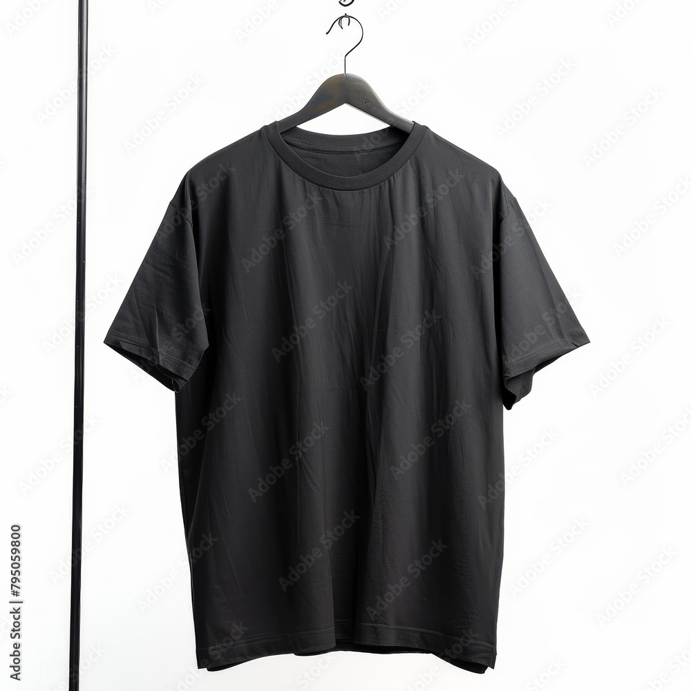 Black t-shirt on a hanger against a white background Black t-shirt on a hanger against a white background