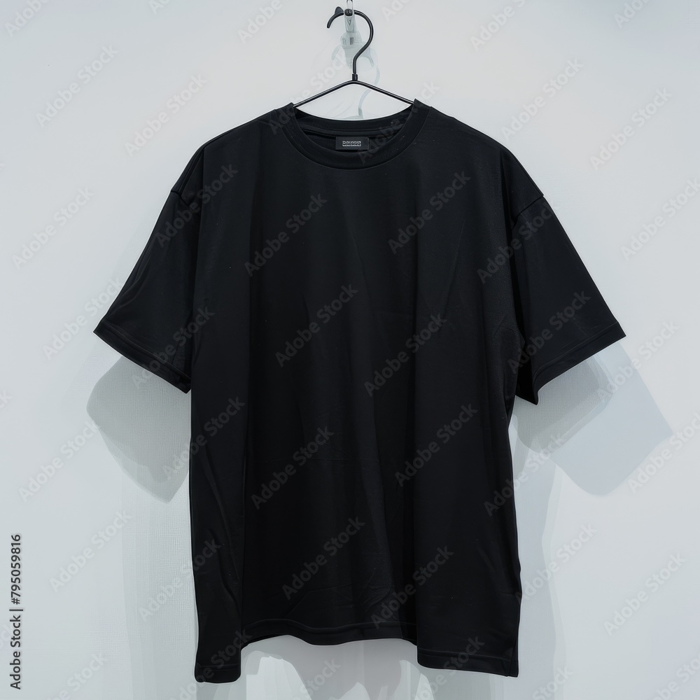 Black t-shirt on a hanger against a white background Black t-shirt on a hanger against a white background