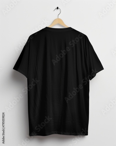 Black t-shirt on a hanger against a white background