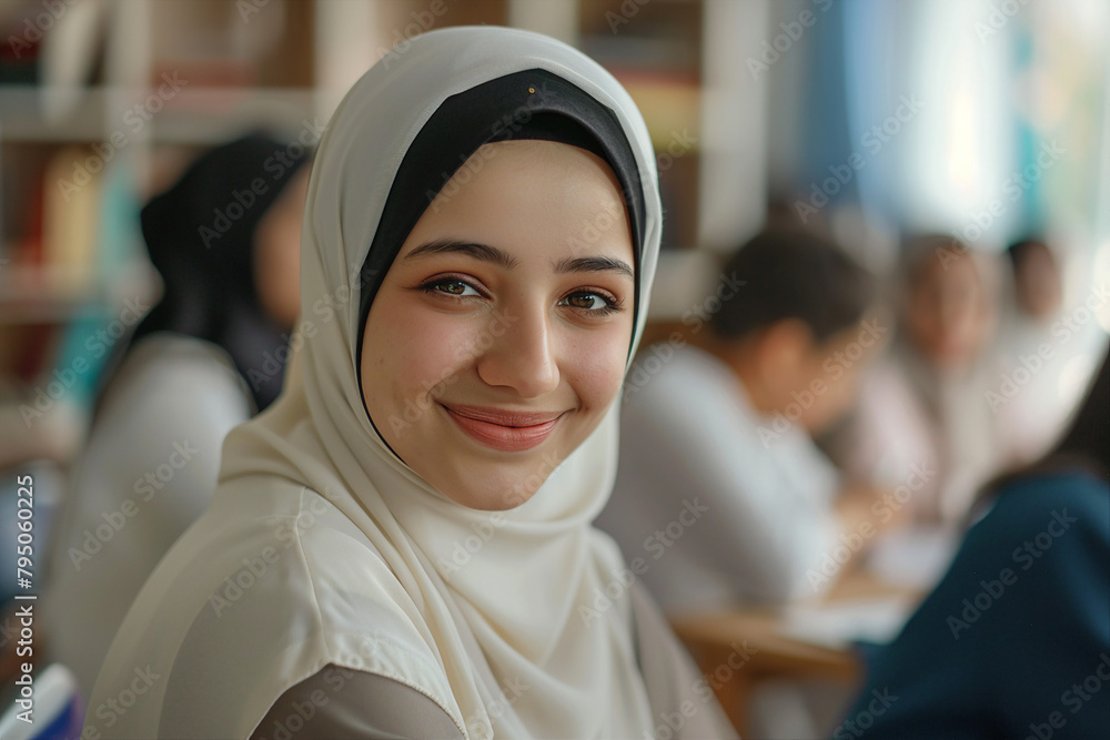 Generative AI illustration of charming abaric woman in hijab headscarf, religious woman in modern world Generative AI illustration of charming abaric woman in hijab headscarf, religious woman in modern world