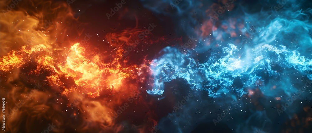Red vs blue electric battle in abstract flamelike lightning confrontation. Concept Abstract art, Flamelike lightning, Red vs blue, Electric battle, Confrontation