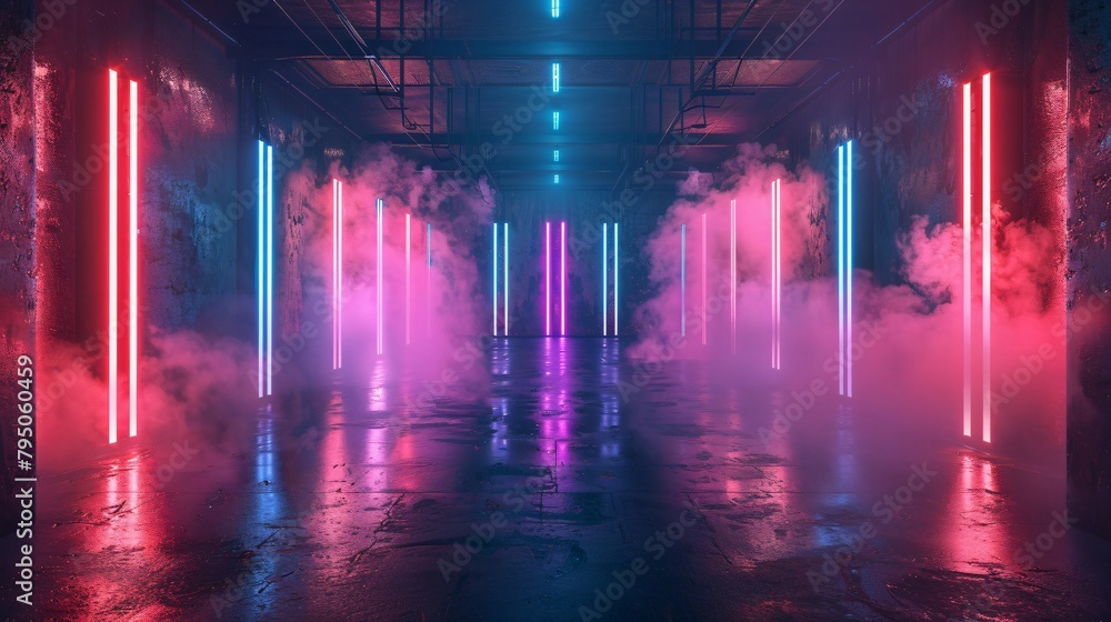 3D Futuristic Corridor with Neon Lights and Fog