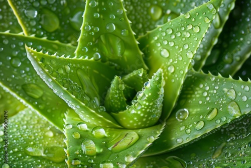 Close up of lush aloe vera leaves with dew   vibrant green foliage glistening with moisture