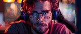 A pro gamer competes in online tournaments fully immersed with headphones. Concept Gaming Excellence, Online Competitions, Immersive Experience, Competitive Edge, Headphone Enthusiast