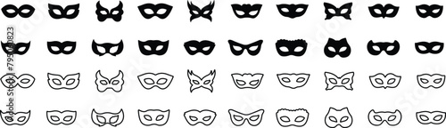 Set of line and flat carnival masks silhouettes. Simple black icons of masquerade masks, for party, parade and carnival, for Mardi Gras and Halloween. Mask elements. Face mask