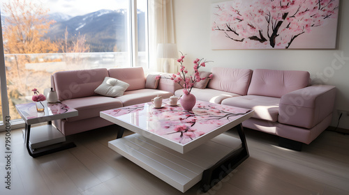 Soft Pink garniture with coffee table. Flowers decoupage technique.