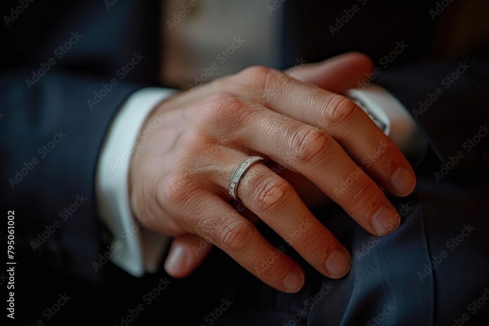 Wedding ring on a businessman's hand close-up