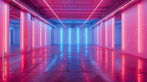 3D Modern Hallway with Vibrant Neon Light Accents