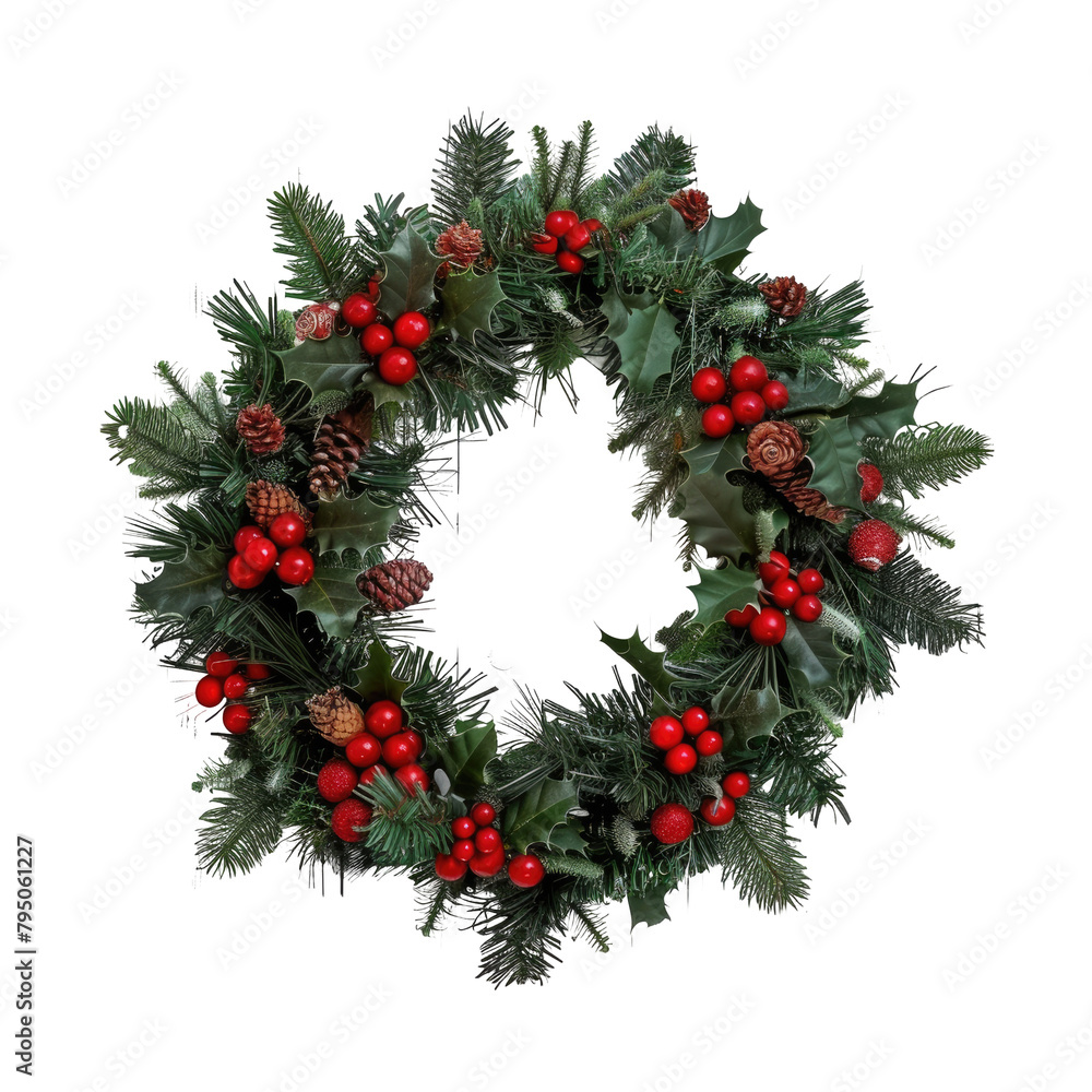 A festive Christmas wreath displayed on a white wooden background against a backdrop of holiday cheer This top view image is isolated on transparent background