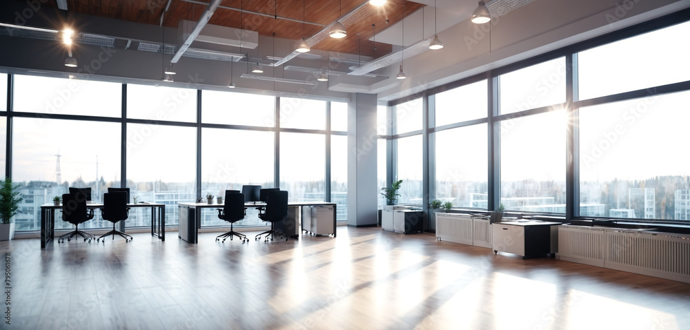 Beautiful blurred background of a light modern office interior with panoramic windows and beautiful lighting. Beautiful blurred background of a light modern office interior with panoramic windows and beautiful lighting.