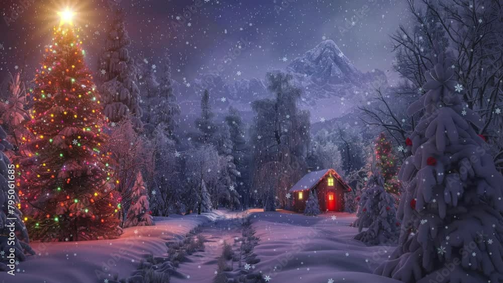 Christmas tree with ornaments in the winter wonderland landscape, snow, night, decorated xmas tree - festive and lights, holiday and celebration
Christmas tree with ornaments in the winter wonderland landscape, snow, night, decorated xmas tree - festive and lights, holiday and celebration