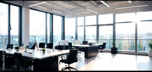 Beautiful blurred background of a light modern office interior with panoramic windows and beautiful lighting. © babarkhan
