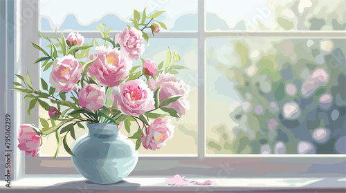 Vase with beautiful peony flowers on window sill vector