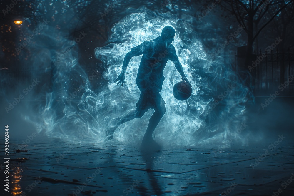 Portrait shot of a silhouette basketball player in sports clothes with a basketball in his hand, is standing in a foggy with the blue lights shining down on him.