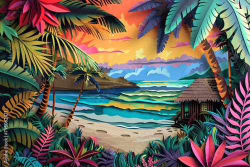 Fijis lush landscapes and traditional bure huts reimagined as a vibrant paper cut art piece Oceanias paradise captured photo
