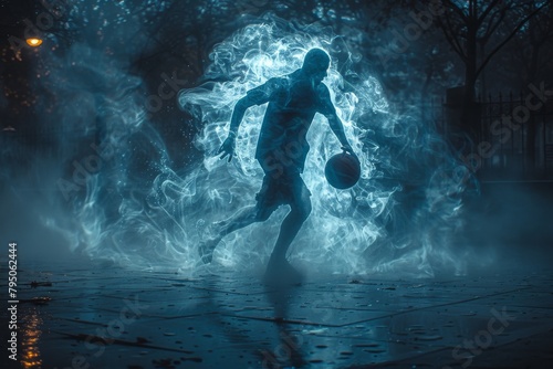 Portrait shot of a silhouette basketball player in sports clothes with a basketball in his hand, is standing in a foggy with the blue lights shining down on him. © Surachetsh