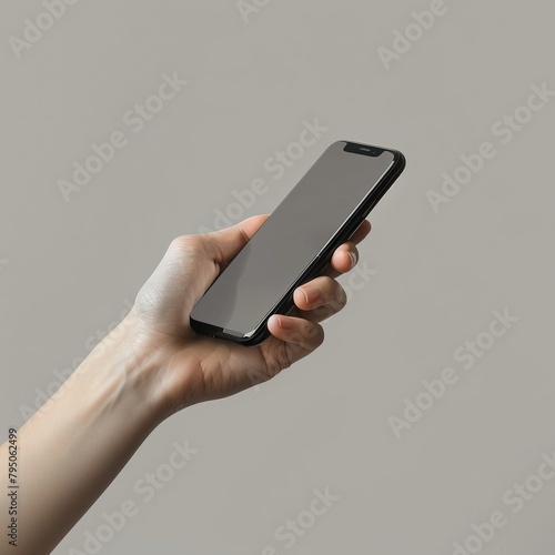 Hand holding a black smartphone on a grey background