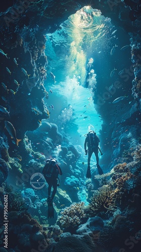 Scuba divers exploring a vibrant coral reef cave underwater