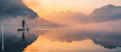 Man paddleboarding on a misty mountain lake at sunrise photo