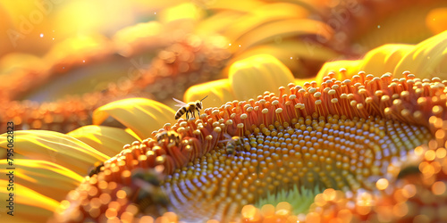Bumblebee on sunflower, Detailed view of pollen grain structure and texture. 
 photo
