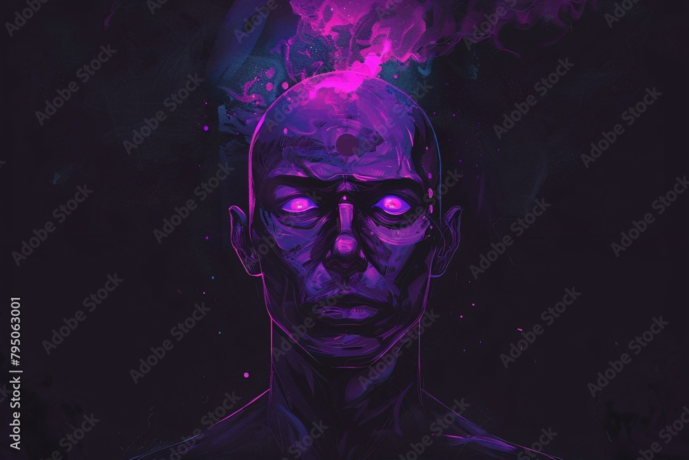 a man with purple eyes and a purple smoke coming out of his head a man with purple eyes and a purple smoke coming out of his head